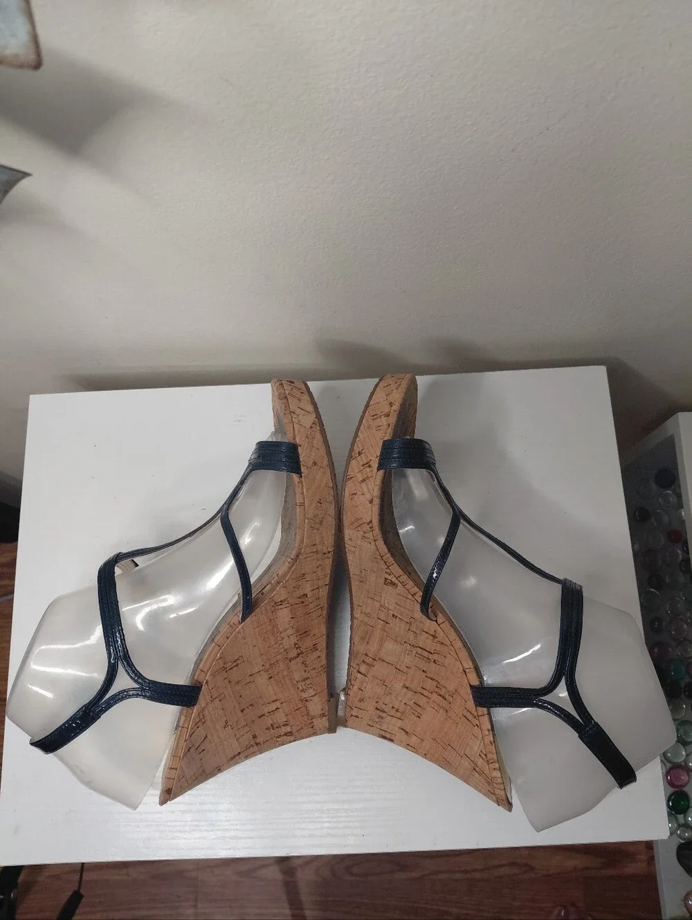 Michael Kors Cicely Navy Leather T-Strap Cork Wedge Sandals